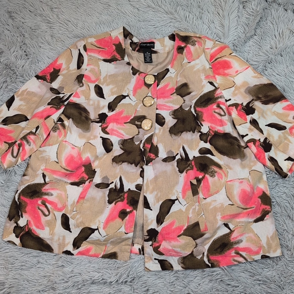 Maggie Barnes Jacket Womens 1X‎ Floral Linen Blend Blazer Preppy Faux Pockets